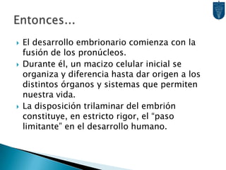 El desarrollo embrionario comienza con la fusión de los pronúcleos.Durante él, un macizo celular inicial se organiza y diferencia hasta dar origen a los distintos órganos y sistemas que permiten nuestra vida.La disposición trilaminar del embrión constituye, en estricto rigor, el “paso limitante” en el desarrollo humano.Entonces...