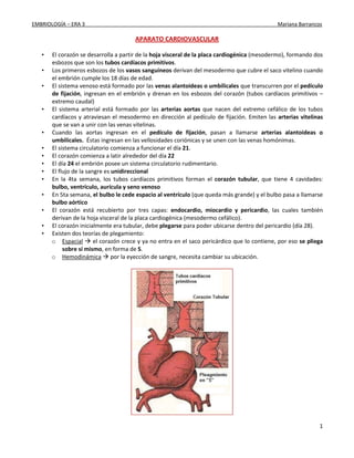 EMBRIOLOGÍA – ERA 3                                                                          Mariana Barrancos

                                       APARATO CARDIOVASCULAR

   •   El corazón se desarrolla a partir de la hoja visceral de la placa cardiogénica (mesodermo), formando dos
       esbozos que son los tubos cardíacos primitivos.
   •   Los primeros esbozos de los vasos sanguíneos derivan del mesodermo que cubre el saco vitelino cuando
       el embrión cumple los 18 días de edad.
   •   El sistema venoso está formado por las venas alantoideas o umbilicales que transcurren por el pedículo
       de fijación, ingresan en el embrión y drenan en los esbozos del corazón (tubos cardíacos primitivos –
       extremo caudal)
   •   El sistema arterial está formado por las arterias aortas que nacen del extremo cefálico de los tubos
       cardíacos y atraviesan el mesodermo en dirección al pedículo de fijación. Emiten las arterias vitelinas
       que se van a unir con las venas vitelinas.
   •   Cuando las aortas ingresan en el pedículo de fijación, pasan a llamarse arterias alantoideas o
       umbilicales. Éstas ingresan en las vellosidades coriónicas y se unen con las venas homónimas.
   •   El sistema circulatorio comienza a funcionar el día 21.
   •   El corazón comienza a latir alrededor del día 22
   •   El día 24 el embrión posee un sistema circulatorio rudimentario.
   •   El flujo de la sangre es unidireccional
   •   En la 4ta semana, los tubos cardíacos primitivos forman el corazón tubular, que tiene 4 cavidades:
       bulbo, ventrículo, aurícula y seno venoso
   •   En 5ta semana, el bulbo le cede espacio al ventrículo (que queda más grande) y el bulbo pasa a llamarse
       bulbo aórtico
   •   El corazón está recubierto por tres capas: endocardio, miocardio y pericardio, las cuales también
       derivan de la hoja visceral de la placa cardiogénica (mesodermo cefálico).
   •   El corazón inicialmente era tubular, debe plegarse para poder ubicarse dentro del pericardio (día 28).
   •   Existen dos teorías de plegamiento:
       o Espacial  el corazón crece y ya no entra en el saco pericárdico que lo contiene, por eso se pliega
            sobre sí mismo, en forma de S.
       o Hemodinámica  por la eyección de sangre, necesita cambiar su ubicación.




                                                                                                             1
 