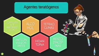 Agentes teratógenos
BENZO
DIACEP
INAS
CORTICOID
ES Y
ANTIDIABET
ICOS
ALCO
HOL
TETRACI
CLINAS
HIDAN
TOÍNA
ANTICON
VULSION
ANTES
 