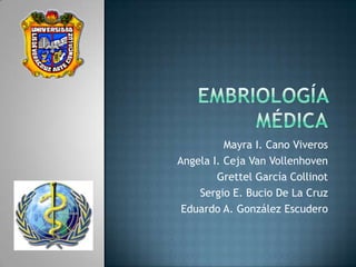Embriología médica Mayra I. Cano Viveros Angela I. Ceja Van Vollenhoven Grettel García Collinot Sergio E. Bucio De La Cruz Eduardo A. González Escudero 