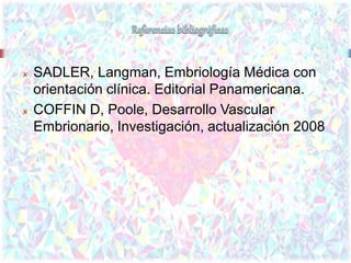 SADLER, Langman, Embriología Médica con
orientación clínica. Editorial Panamericana.
COFFIN D, Poole, Desarrollo Vascular
Embrionario, Investigación, actualización 2008
 