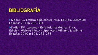 BIBLIOGRAFÍA
Moore KL. Embriología clínica 7ma. Edición. ELSEVIER:
España; 2011p 288-304
Sadler TW. Langman Embriología Médica 11va.
Edición. Wolters Kluwer Lippincott Williams & Wilkins:
España; 2010 p 194, 235-258
 