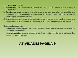 Presença de celoma a) Acelomados:  não apresentam celoma. Ex.: diblásticos (poríferos e cnidários) e platelmintos. b) Pseudocelomados:  possuem um falso celoma, camada parcialmente revestida pela mesoderme. O pseudoceloma transporta substâncias pelo corpo e auxilia na sustentação. Ex.: nematelmintos. c) Celomados:  possuem celoma, camada totalmente revestida pela mesoderme durante a vida embrionária. Ex.: moluscos, anelídeos, artrópodos, equinodermos e cordados.  Os celomados podem ser: Esquizocelomados:  celoma formado a partir de fendas da mesoderme. Ex.: moluscos, anelídeos e artrópodes; Enterocelomados:  celoma formado a partir da região superior do arquêntero. Ex.: equinodermos e cordados. ATIVIDADES PÁGINA 9 