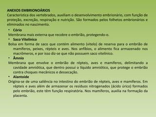 ANEXOS EMBRIONOÁRIOS Característica dos vertebrados, auxiliam o desenvolvimento embrionário, com função de proteção, excreção, respiração e nutrição. São formados pelos folhetos embrionários e eliminados no nascimento. Cório Membrana mais externa que recobre o embrião, protegendo-o. Saco Vitelínico Bolsa em forma de saco que contém alimento (vitelo) de reserva para o embrião de mamíferos, peixes, répteis e aves. Nos anfíbios, o alimento fica armazenado nos macrômeros, e por isso diz-se que não possuem saco vitelínico. Âmnio Membrana que envolve o embrião de répteis, aves e mamíferos, delimitando a cavidade amniótica, que dentro possui o líquido amniótico, que protege o embrião contra choques mecânicos e dessecação. Alantoide Origina-se de uma saliência no intestino do embrião de répteis, aves e mamíferos. Em répteis e aves além de armazenar os resíduos nitrogenados (ácido úrico) formados pelo embrião, este têm função respiratória. Nos mamíferos, auxilia na formação da placenta. 