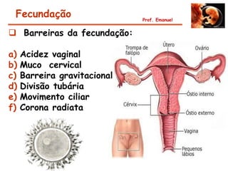 Fecundação                   Prof. Emanuel


 Barreiras da fecundação:

a)   Acidez vaginal
b)   Muco cervical
c)   Barreira gravitacional
d)   Divisão tubária
e)   Movimento ciliar
f)   Corona radiata
 