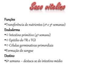 Funções
•Transferência de nutrientes (2ª e 3ª semanas)
Endoderma
•○ Intestino primitivo (4ª semana)
•○ Epitélio do TR e TGI
•○ Células germinativas primordiais
•Formação do sangue
Destino
•6ª semana – destaca-se do intestino médio
 