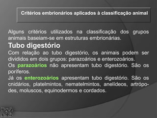 Alguns critérios utilizados na classificação dos grupos
animais baseiam-se em estruturas embrionárias.
Tubo digestório
Com relação ao tubo digestório, os animais podem ser
divididos em dois grupos: parazoários e enterozoários.
Os parazoários não apresentam tubo digestório. São os
poríferos.
Já os enterozoários apresentam tubo digestório. São os
cnidários, platelmintos, nematelmintos, anelídeos, artrópo-
des, moluscos, equinodermos e cordados.
Critérios embrionários aplicados à classificação animal
 