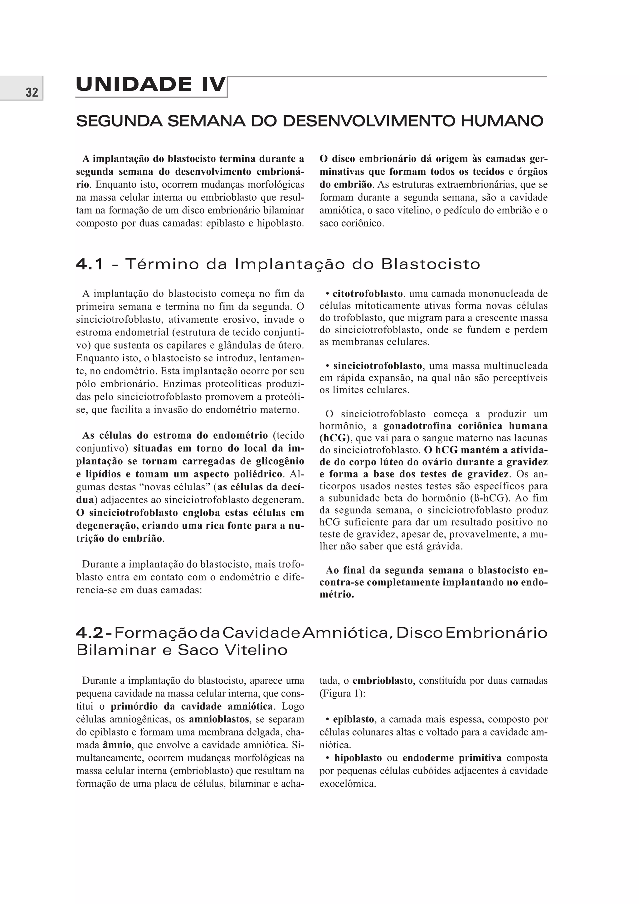 32 UNIDADE IV
SEGUNDA SEMANA DO DESENVOLVIMENTO HUMANOSEGUNDA SEMANA DO DESENVOLVIMENTO HUMANO
A implantação do blastocisto termina durante a
segunda semana do desenvolvimento embrioná-
rio. Enquanto isto, ocorrem mudanças morfológicas
na massa celular interna ou embrioblasto que resul-
tam na formação de um disco embrionário bilaminar
composto por duas camadas: epiblasto e hipoblasto.
O disco embrionário dá origem às camadas ger-
minativas que formam todos os tecidos e órgãos
do embrião. As estruturas extraembrionárias, que se
formam durante a segunda semana, são a cavidade
amniótica, o saco vitelino, o pedículo do embrião e o
saco coriônico.
4.14.1 - Término da Implantação do Blastocisto
A implantação do blastocisto começa no fim da
primeira semana e termina no fim da segunda. O
sinciciotrofoblasto, ativamente erosivo, invade o
estroma endometrial (estrutura de tecido conjunti-
vo) que sustenta os capilares e glândulas de útero.
Enquanto isto, o blastocisto se introduz, lentamen-
te, no endométrio. Esta implantação ocorre por seu
pólo embrionário. Enzimas proteolíticas produzi-
das pelo sinciciotrofoblasto promovem a proteóli-
se, que facilita a invasão do endométrio materno.
As células do estroma do endométrio (tecido
conjuntivo) situadas em torno do local da im-
plantação se tornam carregadas de glicogênio
e lipídios e tomam um aspecto poliédrico. Al-
gumas destas “novas células” (as células da decí-
dua) adjacentes ao sinciciotrofoblasto degeneram.
O sinciciotrofoblasto engloba estas células em
degeneração, criando uma rica fonte para a nu-
trição do embrião.
Durante a implantação do blastocisto, mais trofo-
blasto entra em contato com o endométrio e dife-
rencia-se em duas camadas:
• citotrofoblasto, uma camada mononucleada de
células mitoticamente ativas forma novas células
do trofoblasto, que migram para a crescente massa
do sinciciotrofoblasto, onde se fundem e perdem
as membranas celulares.
• sinciciotrofoblasto, uma massa multinucleada
em rápida expansão, na qual não são perceptíveis
os limites celulares.
O sinciciotrofoblasto começa a produzir um
hormônio, a gonadotrofina coriônica humana
(hCG), que vai para o sangue materno nas lacunas
do sinciciotrofoblasto. O hCG mantém a ativida-
de do corpo lúteo do ovário durante a gravidez
e forma a base dos testes de gravidez. Os an-
ticorpos usados nestes testes são específicos para
a subunidade beta do hormônio (ß-hCG). Ao fim
da segunda semana, o sinciciotrofoblasto produz
hCG suficiente para dar um resultado positivo no
teste de gravidez, apesar de, provavelmente, a mu-
lher não saber que está grávida.
Ao final da segunda semana o blastocisto en-
contra-se completamente implantando no endo-
métrio.
4.24.2-FormaçãodaCavidadeAmniótica,DiscoEmbrionário
Bilaminar e Saco Vitelino
Durante a implantação do blastocisto, aparece uma
pequena cavidade na massa celular interna, que cons-
titui o primórdio da cavidade amniótica. Logo
células amniogênicas, os amnioblastos, se separam
do epiblasto e formam uma membrana delgada, cha-
mada âmnio, que envolve a cavidade amniótica. Si-
multaneamente, ocorrem mudanças morfológicas na
massa celular interna (embrioblasto) que resultam na
formação de uma placa de células, bilaminar e acha-
tada, o embrioblasto, constituída por duas camadas
(Figura 1):
• epiblasto, a camada mais espessa, composto por
células colunares altas e voltado para a cavidade am-
niótica.
• hipoblasto ou endoderme primitiva composta
por pequenas células cubóides adjacentes à cavidade
exocelômica.
 