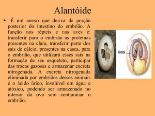  É um anexo que deriva da porção
posterior do intestino do embrião. A
função nos répteis e nas aves é:
transferir para o embrião as proteínas
presentes na clara, transferir parte dos
sais de cálcio, presentes na casca, para
o embrião, que utilizará esses sais na
formação de seu esqueleto, participar
das trocas gasosas e armazenar excreta
nitrogenada. A excreta nitrogenada
eliminada por embriões desses animais
é o ácido úrico, insolúvel em água e
atóxico, podendo ser armazenado no
interior do ovo sem contaminar o
embrião.
Alantóide
 