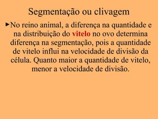 No reino animal, a diferença na quantidade e
na distribuição do vitelo no ovo determina
diferença na segmentação, pois a quantidade
de vitelo influi na velocidade de divisão da
célula. Quanto maior a quantidade de vitelo,
menor a velocidade de divisão.
Segmentação ou clivagem
 