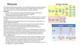 Meiosis
Es la división celular que tiene lugar en las células germinales para producir gametos
masculinos y femeninos. Requiere dos divisiones celulares: Meiosis I y meiosis II.
En la meiosis parte de una célula diploide genera 4 células haploides.
Funciones:
• Generar células reproductoras, gametos femeninos y gametos masculinos
• Reducir los cromosomas a la mitad y dar células haploides
• Variabilidad genética (reproducción sexual)
Igual que en la mitosis las células germinales duplican su ADN al comenzar la meiosis
I. A diferencia de lo que ocurre en la mitosis, los cromosomas homólogos se alinean
en pares.
En seguida los pares homólogos se separan en dos células hijas, convirtiendo así el
número diploide en haploide.
Entrecruzamiento: Son procesos críticos de la meiosis I que son el intercambio de
segmentos de cromátidas entre cromosomas homólogos emparejados.
Quiasma: Los puntos de intercambio quedan unidos de manera temporal y
constituyen una estructura parecida a un “X”
Al terminar las divisiones meióticas se aumenta la variabilidad genética mediante el
entrecruzamiento que redistribuye el material genético y la distribución aleatoria de
cromosomas homólogos entre las células hijas. Cada célula germinal contiene un
número haploide de cromosomas, con lo cual se restablece en la fecundación el
número diploide de 46.
• Corpúsculos polares: Durante la meiosis un ovocito primario da origen a cuatro
células hijas, cada una con 23 cromosomas más un cromosoma “X”. Sólo uno de
ellos se transformará en un gameto maduro: El ovocito. Los tres corpúsculos
restantes reciben poco citoplasma y degeneran en el desarrollo uterino.
• El espermatocito primario produce 4 células hijas con 22 cromosomas más un “y”,
las 4 llegarán a ser gametos maduros.
 