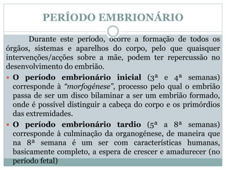 PERÍODO EMBRIONÁRIO
Durante este período, ocorre a formação de todos os
órgãos, sistemas e aparelhos do corpo, pelo que quaisquer
intervenções/acções sobre a mãe, podem ter repercussão no
desenvolvimento do embrião.
 O período embrionário inicial (3ª e 4ª semanas)
corresponde à “morfogénese”, processo pelo qual o embrião
passa de ser um disco bilaminar a ser um embrião formado,
onde é possível distinguir a cabeça do corpo e os primórdios
das extremidades.
 O período embrionário tardio (5ª a 8ª semanas)
corresponde à culminação da organogénese, de maneira que
na 8ª semana é um ser com características humanas,
basicamente completo, a espera de crescer e amadurecer (no
período fetal)
 
