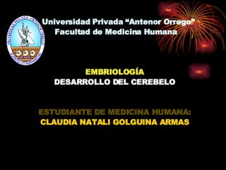 Universidad Privada “Antenor Orrego”  Facultad de Medicina Humana EMBRIOLOGÍA DESARROLLO DEL CEREBELO ESTUDIANTE DE MEDICINA HUMANA: CLAUDIA NATALI GOLGUINA ARMAS 