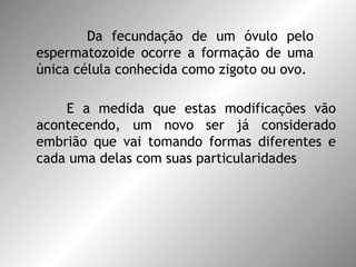 Da fecundação de um óvulo pelo espermatozoide ocorre a formação de uma única célula conhecida como zigoto ou ovo. E a medida que estas modificações vão acontecendo, um novo ser já considerado embrião que vai tomando formas diferentes e cada uma delas com suas particularidades 