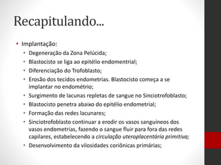 Recapitulando...
• Implantação:
• Degeneração da Zona Pelúcida;
• Blastocisto se liga ao epitélio endomentrial;
• Diferenciação do Trofoblasto;
• Erosão dos tecidos endometrias. Blastocisto começa a se
implantar no endométrio;
• Surgimento de lacunas repletas de sangue no Sinciotrofoblasto;
• Blastocisto penetra abaixo do epitélio endometrial;
• Formação das redes lacunares;
• Sinciotrofoblasto continuar a erodir os vasos sanguíneos dos
vasos endometrias, fazendo o sangue fluir para fora das redes
capilares, estabelecendo a circulação uteroplacentária primitiva;
• Desenvolvimento da vilosidades coriônicas primárias;
 