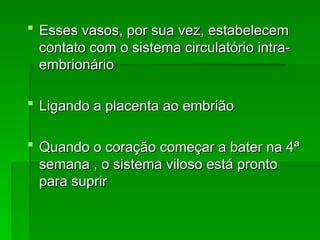  Esses vasos, por sua vez, estabelecem
Esses vasos, por sua vez, estabelecem
contato com o sistema circulatório intra-
contato com o sistema circulatório intra-
embrionário
embrionário
 Ligando a placenta ao embrião
Ligando a placenta ao embrião
 Quando o coração começar a bater na 4ª
Quando o coração começar a bater na 4ª
semana , o sistema viloso está pronto
semana , o sistema viloso está pronto
para suprir
para suprir
 