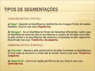 1) HOLOBLÁSTICA (TOTAL):  a)  Igual   – Quando os blastômeros resultantes da clivagem forem de mesmo tamanho. Ocorre com ovos  Oligolécitos .   b)  Desigual   - Se os blastômeros forem de tamanhos diferentes, neste caso, os blastômeros menores são os micrômeros e resulta de divisões ocorridas no pólo animal e os macrômeros são maiores e originadas no pólo vegetativo. Encontrado nos ovos  Telolécitos Incompletos.   2)MEROBLÁSTICA (PARCIAL):   a)  Discoidal  – Apenas o pólo animal sofre divisões formando os blastômeros. O local onde se encontra o vitelo não se divide. Ocorre nos ovos  Telolécitos Completos . b)  Superficial   - ocorre na região periférica do ovo. Ocorre nos ovos  Centrolécitos. 