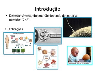 Introdução
• Desenvolvimento do embrião depende do material
genético (DNA).
• Aplicações: