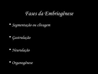 Fases da Embriogênese
• Segmentação ou clivagem
• Gastrulação
• Neurulação
• Organogênese
 