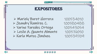 Expositores
⮚ Mariely Buret Herrera 100534010
⮚ Jeandry Ramírez C. 100580488
⮚ Yarine Paredes Ortega 100543054
⮚ Leslie A....