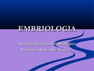 EMBRIOLOGIAEMBRIOLOGIA
Aparato Digestivo EmbriológicoAparato Digestivo Embriológico
Profesora María Paz Araya C.Profesora María Paz Araya C.
 