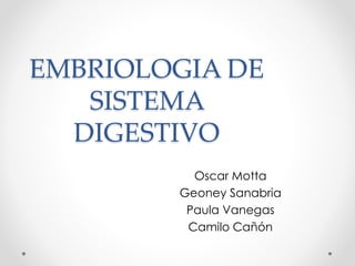 EMBRIOLOGIA DE
SISTEMA
DIGESTIVO
Oscar Motta
Geoney Sanabria
Paula Vanegas
Camilo Cañón
 