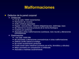 Malformaciones Defectos de la pared corporal Onfalocele 2,5 de cada 10000 naciemientos Herniación de vísceras  Anillo umbilical agrandado Hígado, vesícula biliar, intestino delgado/grueso, estómago, bazo No retornan la visceras producto de la hernia fisiológica Cubierto por peritoneo Asociado a otras malformaciones (cardíacas, tubo neural) y alteraciones cromosómicas Gastrosquisis 1 de cada 10000 RN No asociadas a alteraciones cromosómicas ni otras malformaciones Defecto (anillo) lateral al ombligo No existe revestimiento peritoneal Puede existir daño intestinal (contacto con el liq. Amniótico y vólvulos) Mejor pronóstico en comparación a onfalocele Asociado a madreas cocainómanas 