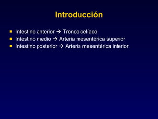 Introducción Intestino anterior    Tronco celíaco Intestino medio    Arteria mesentérica superior Intestino posterior    Arteria mesentérica inferior 