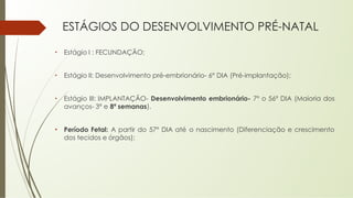 ESTÁGIOS DO DESENVOLVIMENTO PRÉ-NATAL
• Estágio I : FECUNDAÇÃO;
• Estágio II: Desenvolvimento pré-embrionário- 6º DIA (Pré-implantação);
• Estágio III: IMPLANTAÇÃO- Desenvolvimento embrionário- 7º o 56º DIA (Maioria dos
avanços- 3ª e 8ª semanas).
• Período Fetal: A partir do 57º DIA até o nascimento (Diferenciação e crescimento
dos tecidos e órgãos);
 