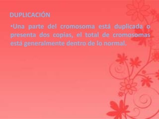 DUPLICACIÓN
•Una parte del cromosoma está duplicada o
presenta dos copias, el total de cromosomas
está generalmente dentro de lo normal.
 