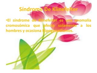 Síndrome De Klinefelter
•El síndrome de Klinefelter es una anomalía
cromosómica que afecta solamente a los
hombres y ocasiona Hipogonadismos.
 