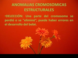 ANOMALIAS CROMOSOMICAS
        ESTRUCTURALES
•DELECCIÓN: Una parte del cromosoma se
perdió o se "eliminó“, puede haber errores en
el desarrollo del bebé.
 