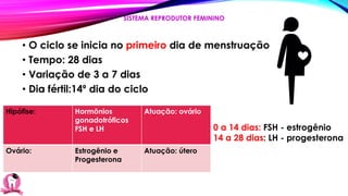 • O ciclo se inicia no primeiro dia de menstruação
• Tempo: 28 dias
• Variação de 3 a 7 dias
• Dia fértil:14º dia do ciclo
SISTEMA REPRODUTOR FEMININO
Hipófise: Hormônios
gonadotróficos
FSH e LH
Atuação: ovário
Ovário: Estrogênio e
Progesterona
Atuação: útero
0 a 14 dias: FSH - estrogênio
14 a 28 dias: LH - progesterona
 