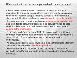    Décimo primeiro ao décimo segundo dia de desenvolvimento

   Células do sinciciotrofoblasto penetram no estroma erodindo o
    revestimento endotelial dos capilares maternos (conhecidos como
    sinusóides). Assim o sangue materno começa a fluir através do
    sistema trofoblastico, estabelecendo a circulação uteroplacentária.
    Posteriormente ocorre a formação do mesoderma extra embrionário,
    que é um tecido conjuntivo frouxo com as células vindas do saco
    vitelínico. Forma-se uma cavidade no mesoderma denominada
    celoma extra embrionário.
    O mesoderma ligado ao citotrofoblasto e a cavidade amniótica é
    chamado mesoderma extra-embrionário somático e o que reveste o
    saco vitelínico é chamado mesoderma extra-embrionário
    esplânquico.
    As células do citotrofoblasto invadem o sincíciotrofoblasto e formam
    “colunas” chamadas de vilosidades primárias.
    Simultaneamente o hipoblasto libera células que revestem a
    cavidade exocelômica formando assim o saco vitelino secundário ou
    definitivo.
 