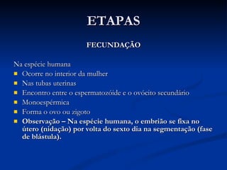ETAPAS FECUNDAÇÃO Na espécie humana Ocorre no interior da mulher  Nas tubas uterinas Encontro entre o espermatozóide e o ovócito secundário Monoespérmica Forma o ovo ou zigoto Observação – Na espécie humana, o embrião se fixa no útero (nidação) por volta do sexto dia na segmentação (fase de blástula). 