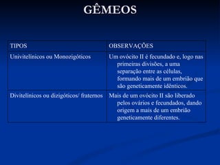 GÊMEOS TIPOS OBSERVAÇÕES Univitelínicos ou Monozigóticos Um ovócito II é fecundado e, logo nas primeiras divisões, a uma separação entre as células, formando mais de um embrião que são geneticamente idênticos. Divitelínicos ou dizigóticos/ fraternos Mais de um ovócito II são liberado pelos ovários e fecundados, dando origem a mais de um embrião geneticamente diferentes. 