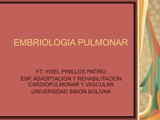 EMBRIOLOGIA PULMONAR 
FT. YISEL PINILLOS PATIÑO 
ESP. ADADPTACION Y REHABILITACION 
CARDIOPULMONAR Y VASCULAR 
UNIVERSIDAD SIMON BOLIVAR 
 