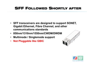 SFF FOLLOWED SHORTLY                    AFTER




• SFF transceivers are designed to support SONET,
  Gigabit Ethernet, Fibre Channel, and other
  communications standards
• 850nm/1310nm/1550nm/CWDM/DWDM
• Multimode / Singlemode support
• Not Pluggable like GBIC
 
