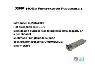 XFP     (10GB FORM-FACTOR PLUGGABLE )




• Introduced in 2002/2003
• Hot swappable like GBIC
• Main design purpose was to increase data capacity on
  a per channel
• Multimode / Singlemode support
• 850nm/1310nm/1550nm/CWDM/DWDM
• Max +10Gb/s
 