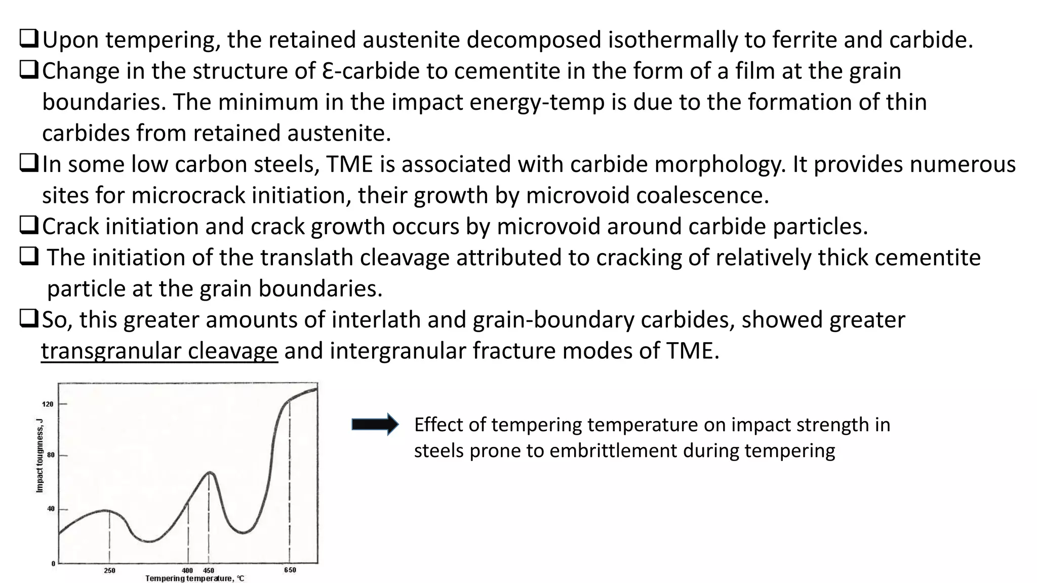 Upon tempering, the retained austenite decomposed isothermally to ferrite and carbide.
Change in the structure of Ɛ-carbide to cementite in the form of a film at the grain
boundaries. The minimum in the impact energy-temp is due to the formation of thin
carbides from retained austenite.
In some low carbon steels, TME is associated with carbide morphology. It provides numerous
sites for microcrack initiation, their growth by microvoid coalescence.
Crack initiation and crack growth occurs by microvoid around carbide particles.
 The initiation of the translath cleavage attributed to cracking of relatively thick cementite
particle at the grain boundaries.
So, this greater amounts of interlath and grain-boundary carbides, showed greater
transgranular cleavage and intergranular fracture modes of TME.
Effect of tempering temperature on impact strength in
steels prone to embrittlement during tempering
 