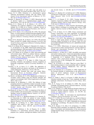 Clin Child Fam Psychol Rev

     respiratory parameters of girls after yoga and games at a                  and Juvenile Justice, 2, 185–206. doi:10.1177/15412040032
     community home. Perceptual and Motor Skills, 84(1), 251–257.               62224.
Terrace, H. S. (1969). Extinction of a discriminative operant              Wagenaar, A. C., Maybee, R. G., & Sullivan, K. P. (1988). Mandatory
     following discrimination learning with and without errors.                 seat belt laws in eight states: A time-series evaluation. Journal of
     Journal of the Experimental Analysis of Behavior, 12, 571–                 Safety Research, 19(2), 51–70. doi:10.1016/0022-4375(88)
     582. doi:10.1901/jeab.1969.12-571.                                         90044-8.
Theodore, A., Runyan, D., & Chang, J. J. (2007). Measuring the risk        Walker, C. J., & Clement, P. W. (1992). Treating inattentive,
     of physical neglect in a population-based sample. Child                    impulsive, hyperactive children with self-modeling and stress
     Maltreatment, 12(1), 96–105. doi:10.1177/1077559506296904.                 inoculation training. Child & Family Behavior Therapy, 14(2),
Thomas, E. J., Abrams, K. S., & Johnson, J. B. (1971). Self-                    75–85. doi:10.1300/J019v14n02_05.
     monitoring and reciprocal inhibition in the modiﬁcation of            Walsh, B. F., & Lamberts, F. (1979). Errorless discrimination and
     multiple tics of Gilles de la Torette’s syndrome. Journal of               picture fading as techniques for teaching sight words to TMR
     Behavior Therapy and Experimental Psychiatry, 2(3), 159–171.               students. American Journal of Mental Deﬁciency, 83(5), 473–
     doi:10.1016/0005-7916(71)90054-1.                                          479.
Thorpe, H. W., Darch, C. B., & Drecktrah, M. (1978). The principal         Wang, T. H., & Katzev, R. D. (1990). Group commitment and
     lottery: A system utilizing contingent principal telephone calls to        resource conservation: two ﬁeld experiments on promoting
     increase on-task behavior. Corrective and Social Psychiatry and            recycling. Journal of Applied Social Psychology, 20, 265–275.
     Journal of Behavior Technology Methods and Therapy, 24(1),                 doi:10.1111/j.1559-1816.1990.tb00411.x.
     20.                                                                   Wasserman, T. H. (1977). The utilization of a clock-light cueing
Thorpe, H. W., Drecktrah, M., & Darch, C. B. (1979). The principal              device to signal group progress towards reinforcement in a
     lottery revisited in a middle school classroom. Corrective and             classroom setting. Psychology in the Schools, 14(4), 471–479.
     Social Psychiatry and Journal of Behavior Technology Methods               doi:10.1002/1520-6807(197710)14:4471::AID-PITS23101404
     and Therapy, 25(3), 86.                                                    19[3.0.CO;2-K.
Tobler, N. S., Roona, M. R., Ochshorn, P., Marshall, D. G., Streke, A.     Watson, T. S. (1993). Effectiveness of arousal and arousal plus
     V., & Stackpole, K. M. (2000). School-based adolescent drug                overcorrection to reduce nocturnal bruxism. Journal of Behavior
     prevention programs: 1998 meta-analysis. The Journal of Primary            Therapy and Experimental Psychiatry, 24, 181–185. doi:
     Prevention, 20, 275–336. doi:10.1023/A:1021314704811.                      10.1016/0005-7916(93)90047-Z.
Todd, A. W., Horner, R. H., & Sugai, G. (1999). Self-monitoring and        Webster-Stratton, C., & Reid, M. J. (2007). Incredible years parents
     self-recruited praise: Effects on problem behavior, academic               and teachers training series: A head start partnership to promote
     engagement, and work completion in a typical classroom.                    social competence and prevent conduct problems. In P. H. Tolan,
     Journal of Positive Behavior Interventions, 1(2), 66–76. doi:              J. Szapocznik, & S. Sambrano (Eds.), Preventing youth
     10.1177/109830079900100201.                                                substance abuse: Science-based programs for children and
Trammel, D. L., Schloss, P. J., & Alper, S. (1994). Using self-                 adolescents (pp. 67–88). Washington, DC: American Psycho-
     recording, evaluation, and graphing to increase completion of              logical Association.
     homework assignments. Journal of Learning Disabilities, 27,           Wedel, J. W., & Fowler, S. A. (1984). ‘‘Read me a story, Mom’’: A
     75–81.                                                                     home-tutoring program to teach prereading skills to language-
Twemlow, S. W., & Sacco, F. C. (1998). The application of                       delayed children. Behavior Modiﬁcation, 8(2), 245. doi:
     traditional martial arts practice and theory to the treatment of           10.1177/01454455840082006.
     violent adolescents. Adolescence, 33(131), 505–518.                   Welsh, D. H., Bernstein, D. J., & Luthans, F. (1992). Application of
Vaddadi, K. (2006). Essential fatty acids and mental illness.                   the Premack principle of reinforcement to the quality perfor-
     International Review of Psychiatry (Abingdon, England),                    mance of service employees. Journal of Organizational
     18(2), 81–84. doi:10.1080/09540260600581837.                               Behavior Management, 13(1), 9–32. doi:10.1300/J075v13
Van Hevel, J., & Hawkins, R. P. (1974). Modiﬁcation of behavior in              n01_03.
     secondary school students using the Premack principle and             Wencai, Z., Xinhu, L., Kele, Y., & Yiyuan, T. (2005). The effect of
     response cost technique. SALT: School Applications of Learning             relaxation training on heart rate, T-wave amplitude and mental
     Theory, 6(4), 31–41.                                                       arithmetic achievement. Psychological Science (China), 28(3),
Van Houten, R., & Malenfant, L. (1992). The inﬂuence of signs                   706–707.
     prompting motorists to yield before marked crosswalks on motor        West, R. P., Young, K. R., & Callahan, K. (1995). The musical
     vehicle-pedestrian conﬂicts at crosswalks with ﬂashing amber.              clocklight: Encouraging positive classroom behavior. Teaching
     Accident Analysis and Prevention, 24(3), 217–225. doi:                     Exceptional Children, 27(2), 46–52.
     10.1016/0001-4575(92)90001-Y.                                         White, A. G., & Bailey, J. S. (1990). Reducing disruptive behaviors of
Van Houten, R., & Nau, P. A. (1981). A comparison of the effects of             elementary physical education students with sit and watch.
     posted feedback and increased police surveillance on highway               Journal of Applied Behavior Analysis, 23, 353–359. doi:
     speeding. Journal of Applied Behavior Analysis, 14, 261–271.               10.1901/jaba.1990.23-353.
     doi:10.1901/jaba.1981.14-261.                                         Williamson, P. N. (1984). An intervention for hypochondriacal
Van Houten, R., Nau, P. A., MacKenzie-Keating, S. E., Sameoto, D.,              complaints. Clinical Gerontologist, 3(1), 64–68.
     & Colavecchia, B. (1982). An analysis of some variables               Wilson, C. V. (1976). The use of rock music as a reward in behavior
     inﬂuencing the effectiveness of reprimands. Journal of Applied             therapy with children. Journal of Music Therapy, 13(1), 39–48.
     Behavior Analysis, 15(1), 65–83. doi:10.1901/jaba.1982.15-65.         Wilson, D. S., & Wilson, E. O. (2007). Rethinking the theoretical
Van Houten, R., & Retting, R. A. (2001). Increasing motorist                    foundation of sociobiology. The Quarterly Review of Biology,
     compliance and caution at stop signs. Journal of Applied                   82, 327–348.
     Behavior Analysis, 34(2), 185–193. doi:10.1901/jaba.2001.             Winn, B. D., Skinner, C. H., Allin, J. D., & Hawkins, J. A. (2004).
     34-185.                                                                    Practicing school consultants can empirically validate interven-
Vazsonyi, A. T., Belliston, L. M., & Flannery, D. J. (2004).                    tions: A description and demonstration of the non-concurrent
     Evaluation of a school-based, universal violence prevention                multiple-baseline design. Journal of Applied School Psychology,
     program: Low-, medium-, and high-risk children. Youth Violence             20, 109–128.


123
 