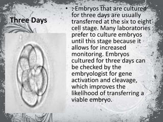 Three Days
• : Embryos that are cultured
for three days are usually
transferred at the six to eight
cell stage. Many laboratories
prefer to culture embryos
until this stage because it
allows for increased
monitoring. Embryos
cultured for three days can
be checked by the
embryologist for gene
activation and cleavage,
which improves the
likelihood of transferring a
viable embryo.
 