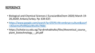 REFERENCE
• Biological and Chemical Sciences ( EurasianBioChem 2020) March 19-
20,2020 Ankara,Turkey. Pp: 634-637.
• https://www.google.com/search?q=STEPS+IN+embryo+culture&sxsrf
=AOaemvJPa9XQojzWszXIv7N8d-
• https://scholar.cu.edu.eg/?q=drrehabhafez/files/theoretical_course_
plant_biotechnology_-_p4.pdf
 