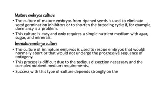 Mature embryos culture
• The culture of mature embryos from ripened seeds is used to eliminate
seed germination inhibitors or to shorten the breeding cycle if, for example,
dormancy is a problem.
• This culture is easy and only requires a simple nutrient medium with agar,
sugar, and minerals.
Immature embryo culture
• The culture of immature embryos is used to rescue embryos that would
normally abort or that would not undergo the progressive sequence of
ontogeny.
• This process is difficult due to the tedious dissection necessary and the
complex nutrient medium requirements.
• Success with this type of culture depends strongly on the
 