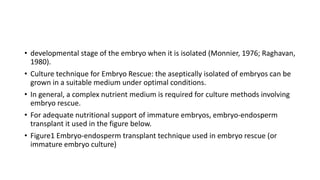 • developmental stage of the embryo when it is isolated (Monnier, 1976; Raghavan,
1980).
• Culture technique for Embryo Rescue: the aseptically isolated of embryos can be
grown in a suitable medium under optimal conditions.
• In general, a complex nutrient medium is required for culture methods involving
embryo rescue.
• For adequate nutritional support of immature embryos, embryo-endosperm
transplant it used in the figure below.
• Figure1 Embryo-endosperm transplant technique used in embryo rescue (or
immature embryo culture)
 