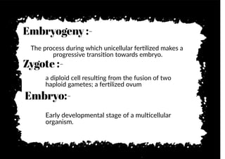 Double tap on
text to edit
Embryogeny :-
The process during which unicellular fer�lized makes a
progressive transi�on towards embryo.
Embryo:-
a diploid cell resul�ng from the fusion of two
haploid gametes; a fer�lized ovum
Zygote :-
Early developmental stage of a mul�cellular
organism.
 