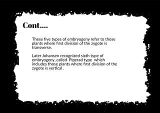 Cont....
These ﬁve types of embryogeny refer to those
plants where ﬁrst division of the zygote is
transverse.
Later Johansen recognized sixth type of
embryogeny ,called Piperad type which
includes those plants where ﬁrst division of the
zygote is ver�cal .
 