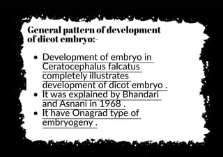 General pa�ern of development
of dicot embryo:-
• Development of embryo in
Ceratocephalus falcatus
completely illustrates
development of dicot embryo .
• It was explained by Bhandari
and Asnani in 1968 .
• It have Onagrad type of
embryogeny .
 