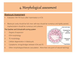 4. Morphological assessment
Blastocyst Assessment
• Evaluation 104-110 hours after insemination or ICSI.
• Blastocyst cavity should be full, inner cell mass should be numerous and tightly packed,
trophectoderm should be numerous and cohesive.
The Gardner and Schoolcraft scoring system
1. Degree of expansion
2. ICM morphology
3. TE morphology
4. Cellular degeneration in blastocysts
5. Cytoplasmic strings/bridges between ICM and TE
6. Other morphological features (vacuolation , More than one point of natural hatching)
 