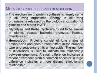 METABOLIC PROCESSES AND HEMOGLOBIN
 The mechanism of protein synthesis is largely same
in all living organisms. Energy in all living
organisms is released by the biological oxidation of
glucose and stored in ATP.
 Glycolysis and Krebs Cycle are found to be similar
in plants, yeasts, bacteria, protozoa, insects,
chordates etc.
 Hemoglobin: Proteins consist of long chains of
amino acids and each protein differs in the number,
type and sequence of its amino acids. The number
of differences is used to indicate the relationship
between organisms. A small difference indicates a
recent divergence from a common ancestor. A large
difference indicates a more distant, evolutionary
relationship.
 